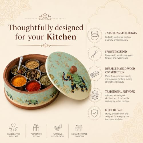 Image of Premium Wooden Masala Box with 7 Stainless Steel Spice Containers & Spoon | Traditional Elephant Print Spice Organizer | Wooden Masala Dabba for Kitchen Storage & Dining