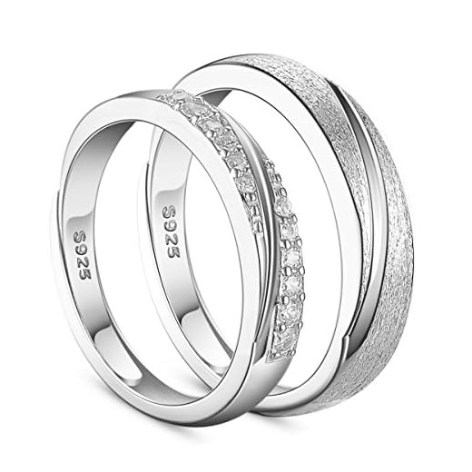 SHEGRACE Par de Anillos de Pareja en Plata de Ley 925 con Grabado Esmerilado y Anillos de Compromiso de Circonio 3A, Ajustables, Regalo para Amantes