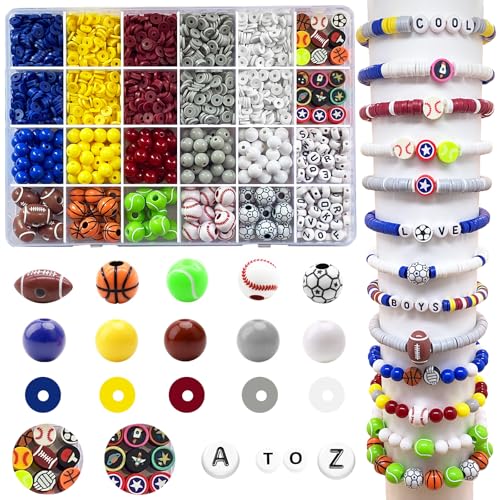1888PCS Sports Ball Beads for Jewelry Making Acrylic Clay Beads for Bracelets Volleyball Softball Football Baseball Basketball Soccer Bead with Letter Bead for DIY Crafts