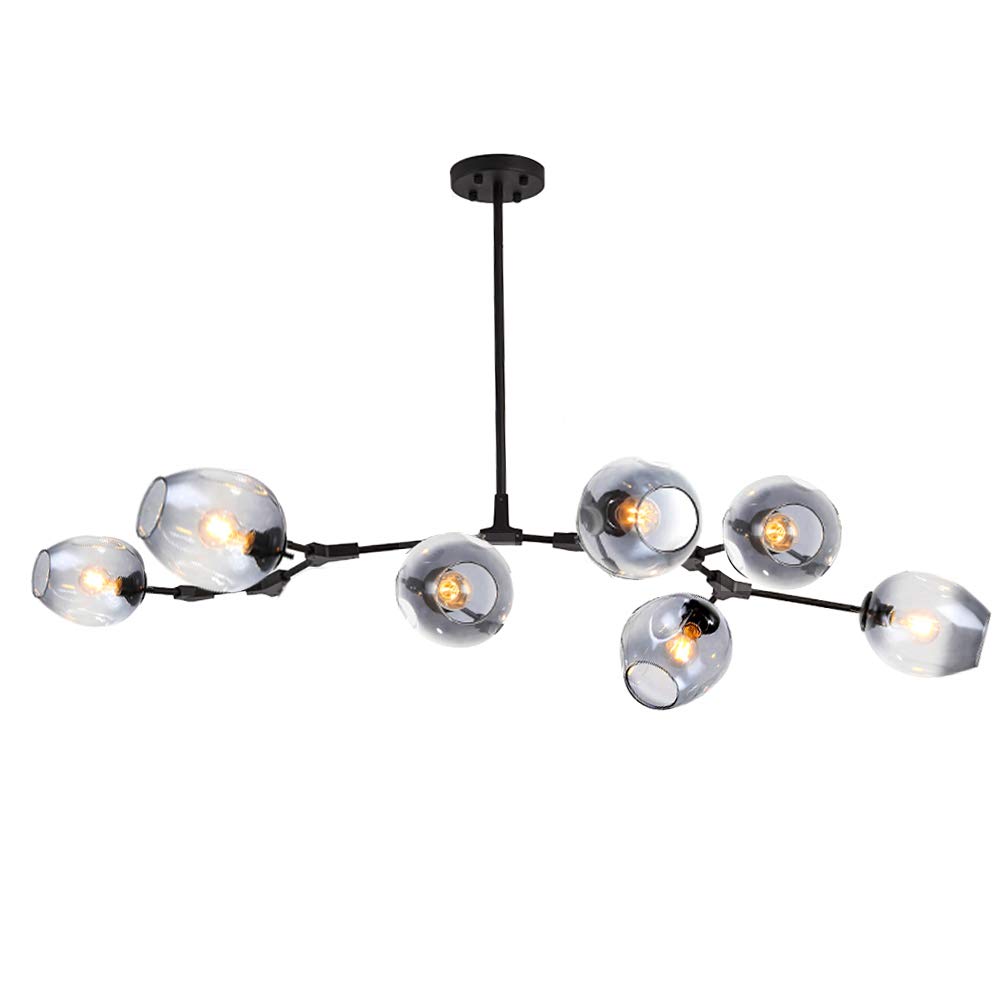 CSXSXAUO Adjustable Nordic Glass Ball Chandelier, 7-Light Matte Black Pendant Fixture, Mid-Century Modern Design, Hand Blown Globe, E26 Metal Branches, 63" Height