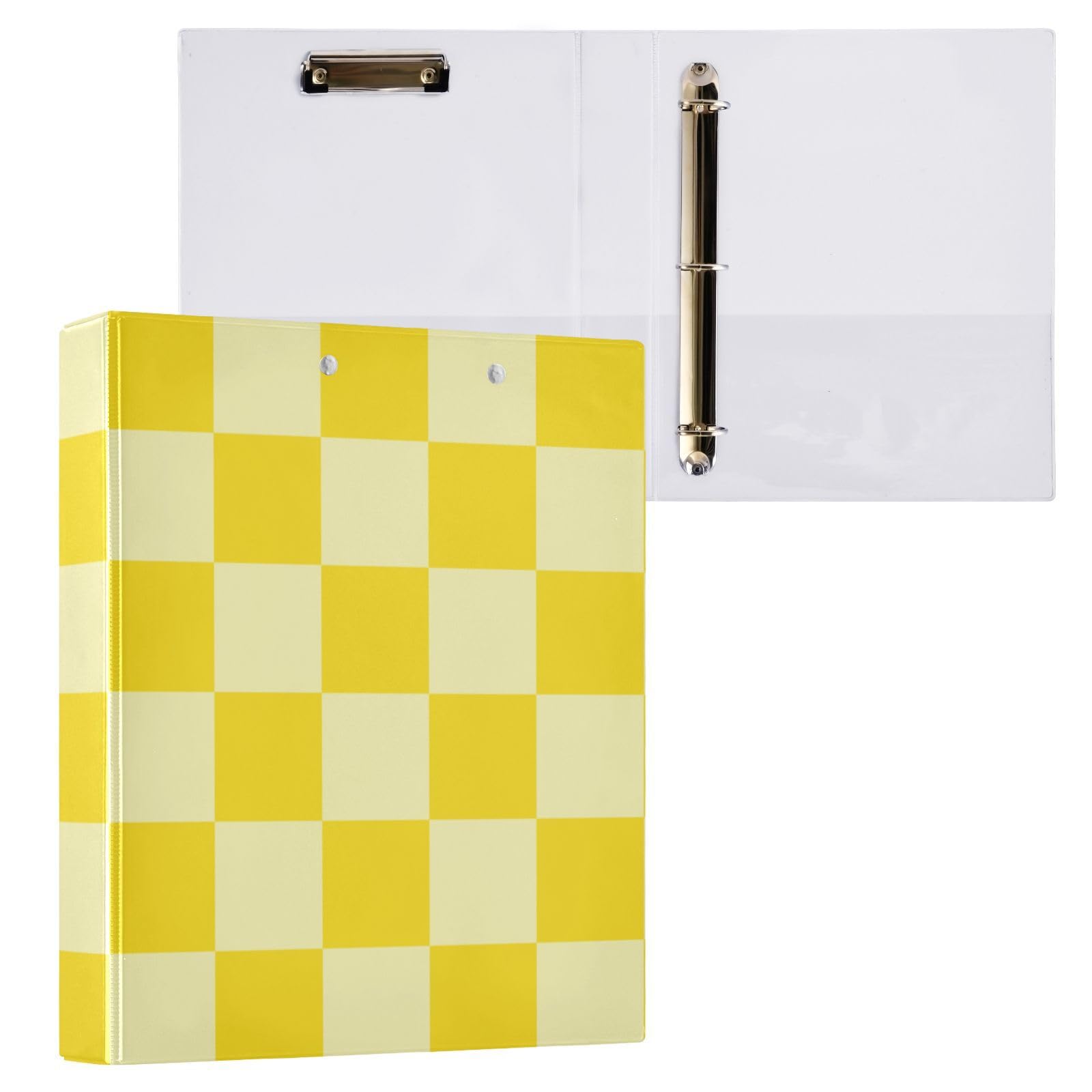 Kcldeci Raccoglitore a 3 anelli con copertina rigida, a quadretti gialli da 3,8 cm, con tasche interne, per scuola, ufficio, ricette, raccoglitori, confezione da 2