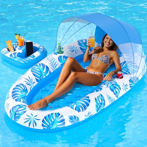 Sunrad Flotador de piscina 3 en 1 con toldo, portavasos y respaldo, flotadores inflables extragrandes para adultos, tumbona para piscina, lago, agua, salón, juguetes de fiesta