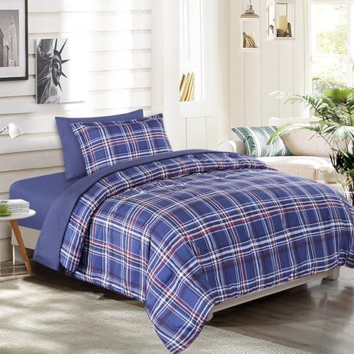 Image of EMME Twin Comforter Set Bed in a Bag Plaid, 5 Piece Navy Blue Bedding Sets Twin Size with Sheets, Twin XL Comforter, Pillowcase&Sham, Soft Down Alternative Bed Set for All Season