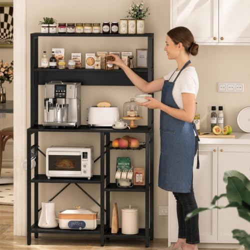 Image of 5-Tier Kitchen Storage Rack | Microwave Stand with Organizer | Kitchen Shelf Unit | Coffee Bar Organizer | Heavy Duty Metal & Wood Cabinet | Black | 90x40x150 cm