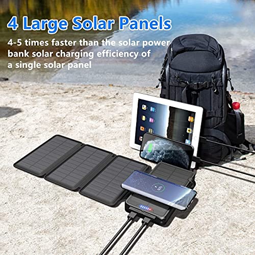 Solar Charger Power Bank - 38800mAh with Dual 5V3.1A Outputs 10W Qi Wireless Charger Waterproof Built-in 4 Solar Panel and Bright Flashlights (Deep Black) by QiSa - Image 2