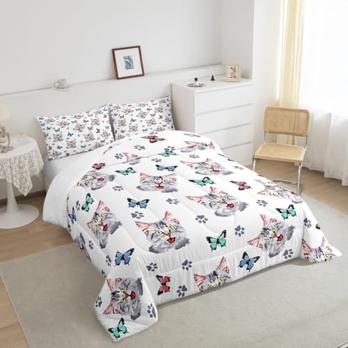 Image of Feelyou Kids Cute Cat Comforter Set Colorful Butterfly Cute Kitten Bedding Set for Boys Girls Cartoon Pet Cats Comforter Kawaii Animal Quilt Room Decor Duvet Set Full Size Boys