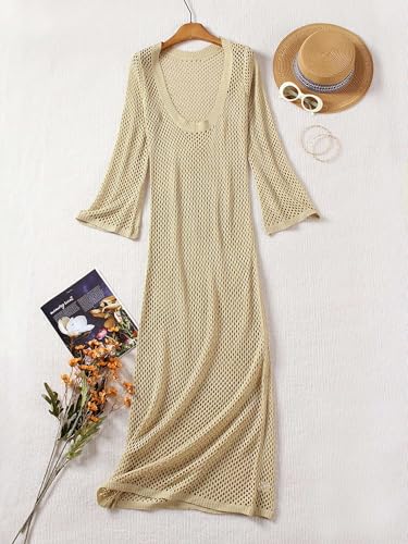 Women's Crochet Swimsuit Cover ups Long Sleeve Knit Beach Dress Hollow Out Backless Vacation Outfits Sexy Beachwear4