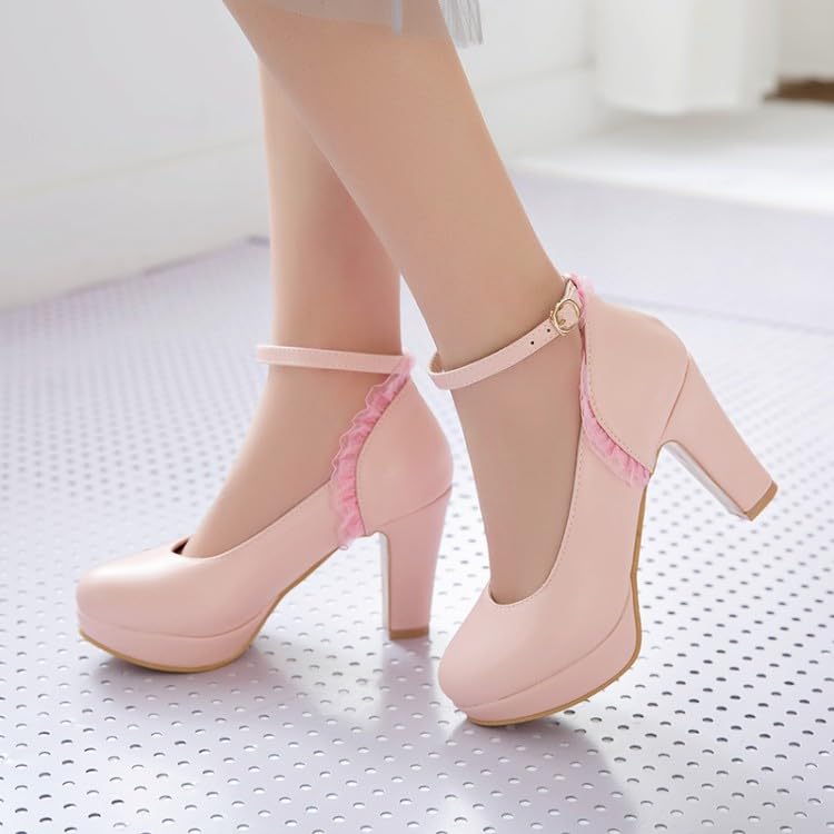 Women's Ruffles Block Heel Platform Ankle Strap Pumps3