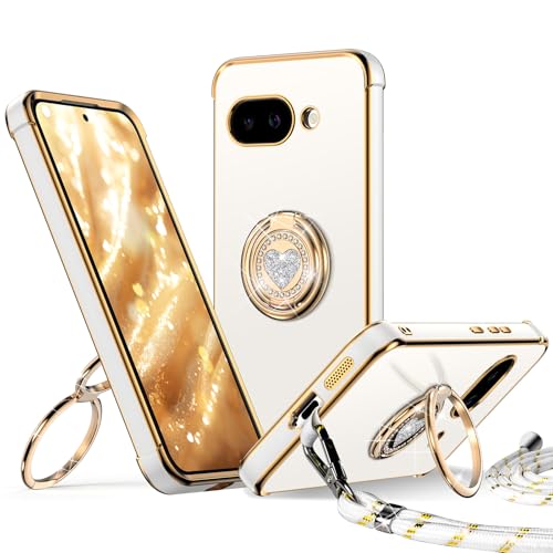 XYZ für Google Pixel 9A Hülle mit Band, Herzen Doppelring Ständer HandyHülle Handykette Frauen Mädchen Dünn Stoßfeste Anti-Kratzt SchutzHülle für Pixel 9A Case, Weiß