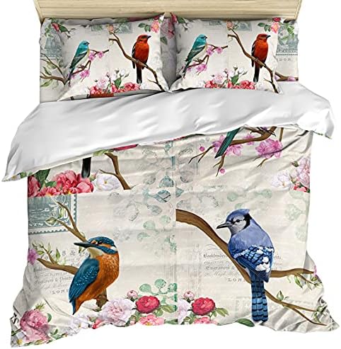 Seven Roses Set of 4 Bedding Quilt Covers, Colorful Bird Spring Floral Branches Splicing 4-Piece Bed Sheet Set with Extra Soft Bed Sheets Quilt Cover Pillowcase, Retro Letter Postage Stamp Full