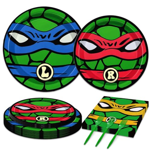 96Pcs Ninja Birthday Party Supplies Tableware Turtles Party Paper Plates and Napkins Forks for 24 Guests Kids Boys Birthday Party Decorations