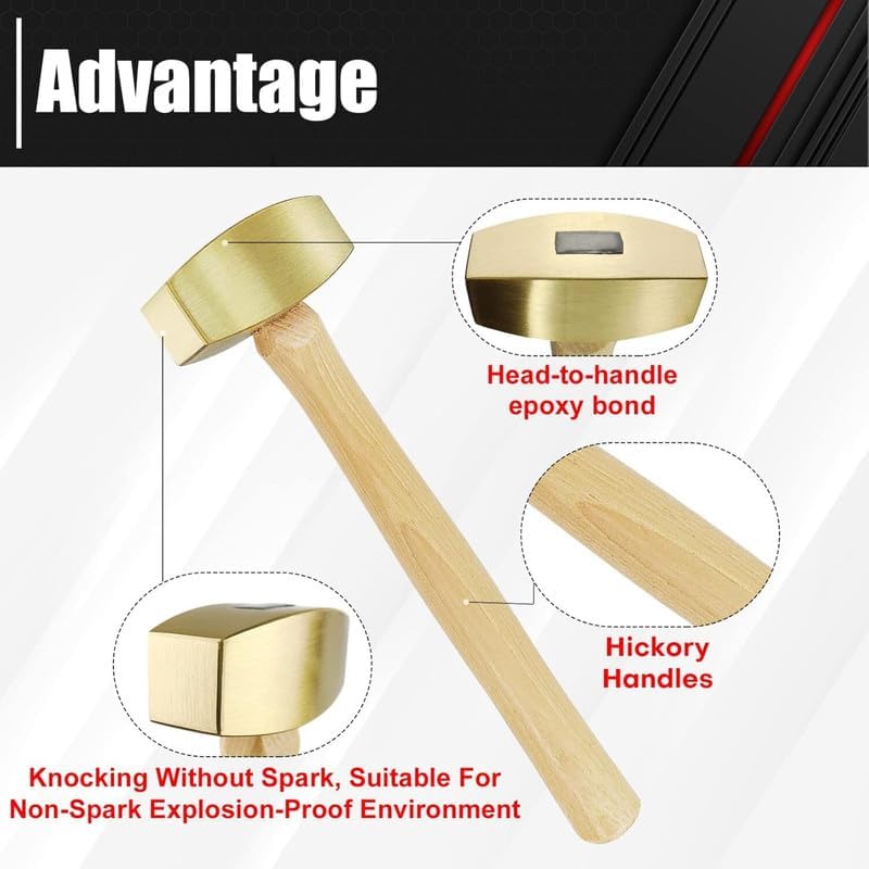 2lb Solid Brass Non-Sparking Hammer, Non-Marring Brass Mallet with Hickory Wood Handle for Industrial, Metalworking & DIY