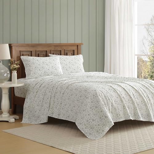 Image of Laura Ashley - Full Size Sheet Set, Crisp & Lightweight Cotton Percale Bedding with Fitted Sheet and Pillowcases, Floral Room Decor, Deep Pocket, College Dorm Room Essentials (Miranda Green)