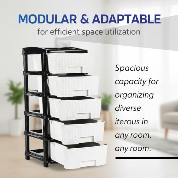 Image of KITCHIVO Plastic Modular Drawer Storage Chest Of Drawers Organizer Storage Box, Large Stomo Racks For Multipurpose Anti-slip Shoes Organizers (White & Black, 5 Layer)