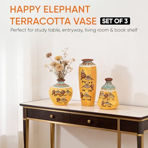 Image of Aakriti Art Creations Terracotta Vases Set of 3 | Handmade Yellow Madhubani Art Happy Elephant Flower Vases Matte Finish Decorative Vases for Home Decor & Gifting