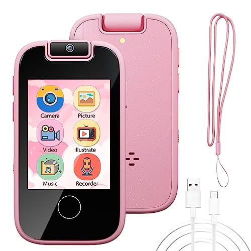 PTHTECHUS Téléphone Éducatif pour Enfants 4-10 ANS – Jouet Avec Caméra Flip 180°, MP3, Écran Tactile HD, 13 Jeux Pédagogiques, Traqueur d'Habitudes – Cadeau Sécurisé(Rosa)