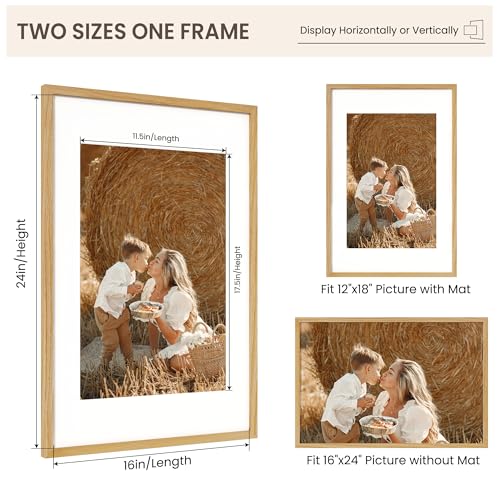 Image of FLYJOE 16x24 Oak Wood Picture Frame with Mat for 12x18, 16 by 24 USA-Sourced Natural Solid Wooden Poster Frame for Wall Display, Tempered Real Glass, Hanging Hardware Included, 3 Pack, Natural