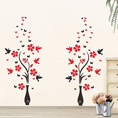 Anfrjji Vase Flower And Bird Wall Decal - 3D Pvc Removable Wall Sticker With Flying Butterflies And Tree Branch - Effect 35"X31" - Living Room And Bedroom Decor Jwh184 (Black Vase+Red Flower) #TOP2