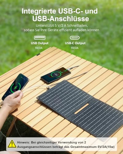 ELECAENTA 15W Faltbar Solar Ladegerät 2-Port (USB-A/USB-C) Ultraleichtes IP68 Wasserdichtes Tragbares ETFE Solarpanel für iPhone Smartphone Handy Tablets Power Bank Camping Wandern Outdoor