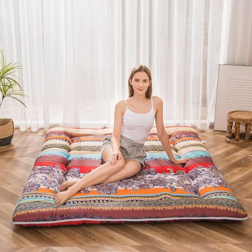 Image of MAXYOYO Bohemian Retro Floor Mattress Vintage Floral Japanese Futon Mattress Roll Up Thicken Sleeping Mat Portable Camping Mattress Floor Lounger Couch Mattress Pad, Full Size