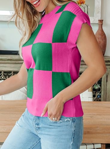 Image of EVALESS Short Sleeve Sweater for Women Crewneck Color Block Knit Tops 2026 Summer Trendy Cap Sleeve Sweater Vest