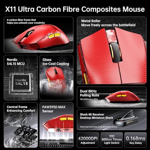 Image of ATTACK SHARK X11 Ultra 8K Carbon Fiber Tri Mode Wireless Gaming Mouse-Red | 42000 DPI-PAW3950 MAX Sensor-63g Lightweight,Nordic 54L15 MCU Chip,Wired /BT /2.4Ghz,100 Million Clicks,Programmable for PC Mac