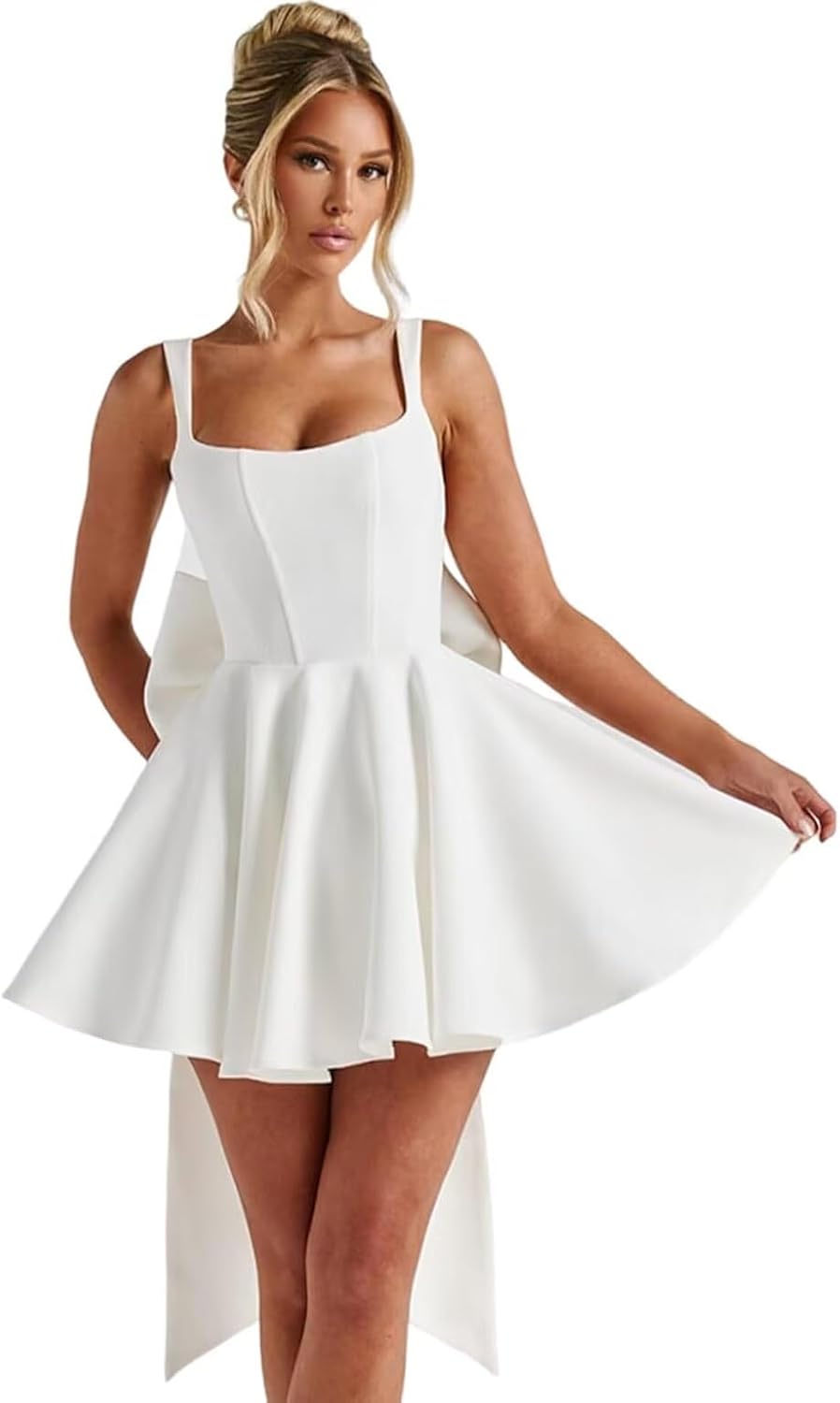 Basgute Satin Short Homecoming Dresses with Bow Corset HOCO Dress A Line Mini Formal Prom Evening Cocktail Gown