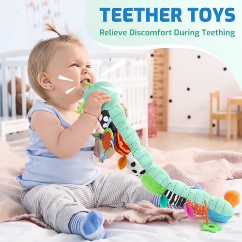 Image of Sumobaby Baby Toys 0-6 6-12 Months, Music Caterpillar Plush Toy with Baby Mirror, Pull String&Crinkle Rattle,Infant Teething Toys,Tummy Time for 0-3-6-12 Month Boys Girls Newborn Gifts (Blue-Leaf)