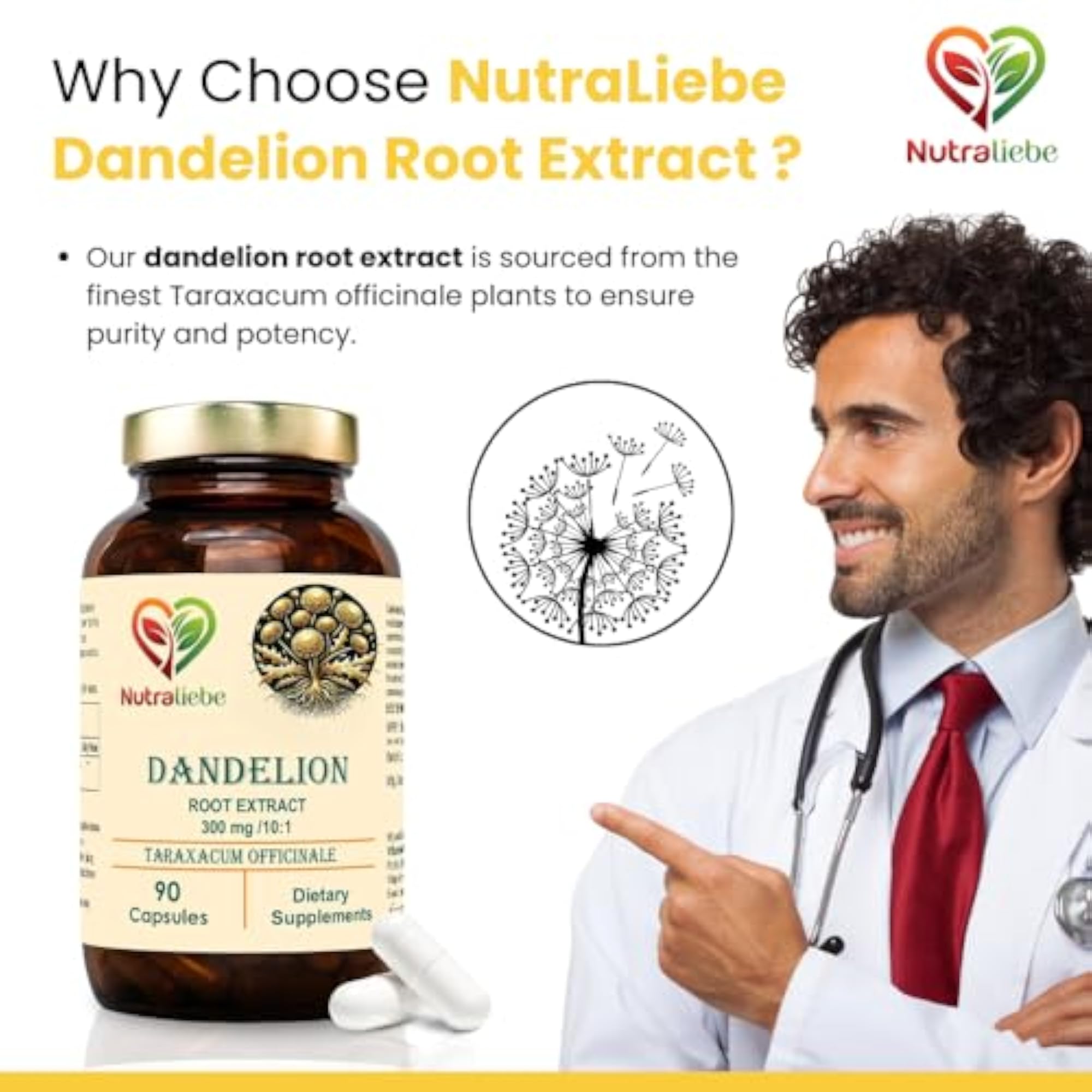 NutraLiebe Dandelion Root Extract - 300mg - 90 Softgels