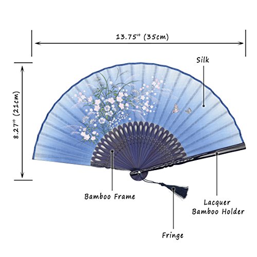 OMyTea "Grassflower Folding Hand Held Fan for Women - Chinese/Japanese Vintage Retro Style - With a Fabric Sleeve for Protection (Blue) - Image 2