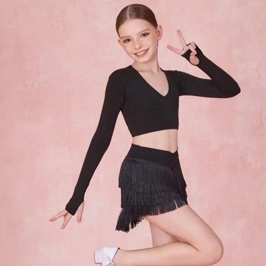 Ensemble de danse latine, vêtements for filles, haut à manches longues, jupe à franges, pratique