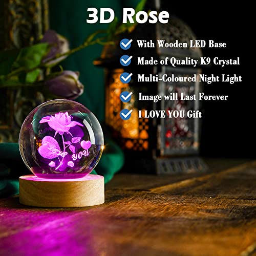 Ifolaina 3D Rose Crystal Ball I Love You Gifts For Her Girlfriend Featuring A Decorative Crystal Ball With 3D Rose Laser Engraving Inside Rose Gifts For Wife Glass Ball With Led Base #TOP1
