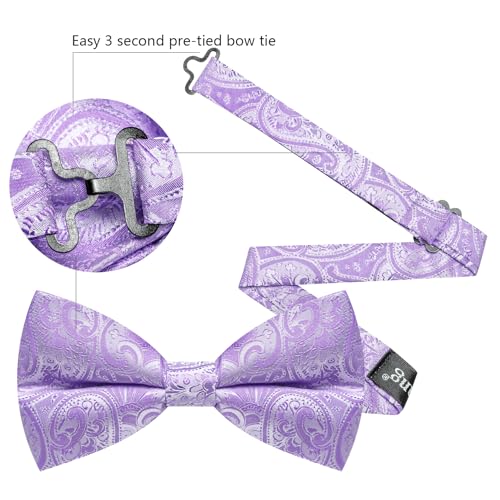 Image of Barry.Wang Paisley Striped Bow Tie for Men Silk Pre-Tied Bowtie Pocket Square Cufflinks Set Formal Wedding Party Prom
