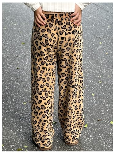 Girl's Leopard Print Fuzzy Baggy Pants Bowknot Wide Leg Cheetah Furry Pants Streetwear3