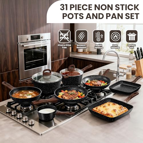 Pots and Pans Set Non Stick, 31 Piece Kitchen Induction Cookware & Bakeware Set, Nonstick Kitchen Cooking Pans Set with Frying Pans Set Grill Pan Saucepan Baking Sheet & Utensils, PFOA Free #4