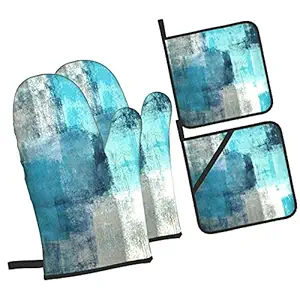 Oven Mitts and Pot Holders Sets of 4 Modern Art Gry Turquoise Abstract Kitchen Potholder Gloves Heat Resistant Non-Slip for Chef Baking Cooking Grilling BBQ Mittens