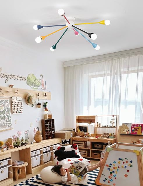 Bunte Deckenleuchte Kinderzimmer, 8-Flammige Deckenlampe im Modernen Sputnik Design, Ø 77cm, Farbige Lampe mit E14 Fassung für Jungen, Mädchen & Spielzimmer