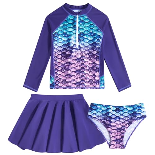 Image of Girls Rash Guard 3 Piece Swimsuit Set UPF 50+ Long Sleeve Swim Skirt Sets Size 6-12 Years