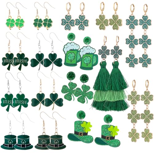 16Pairs St. Patrick's Day Earrings for Women St. Patrick's Day Accessories Green Shamrock Clover Irish Earrings for Women St Patricks Day Jewelry