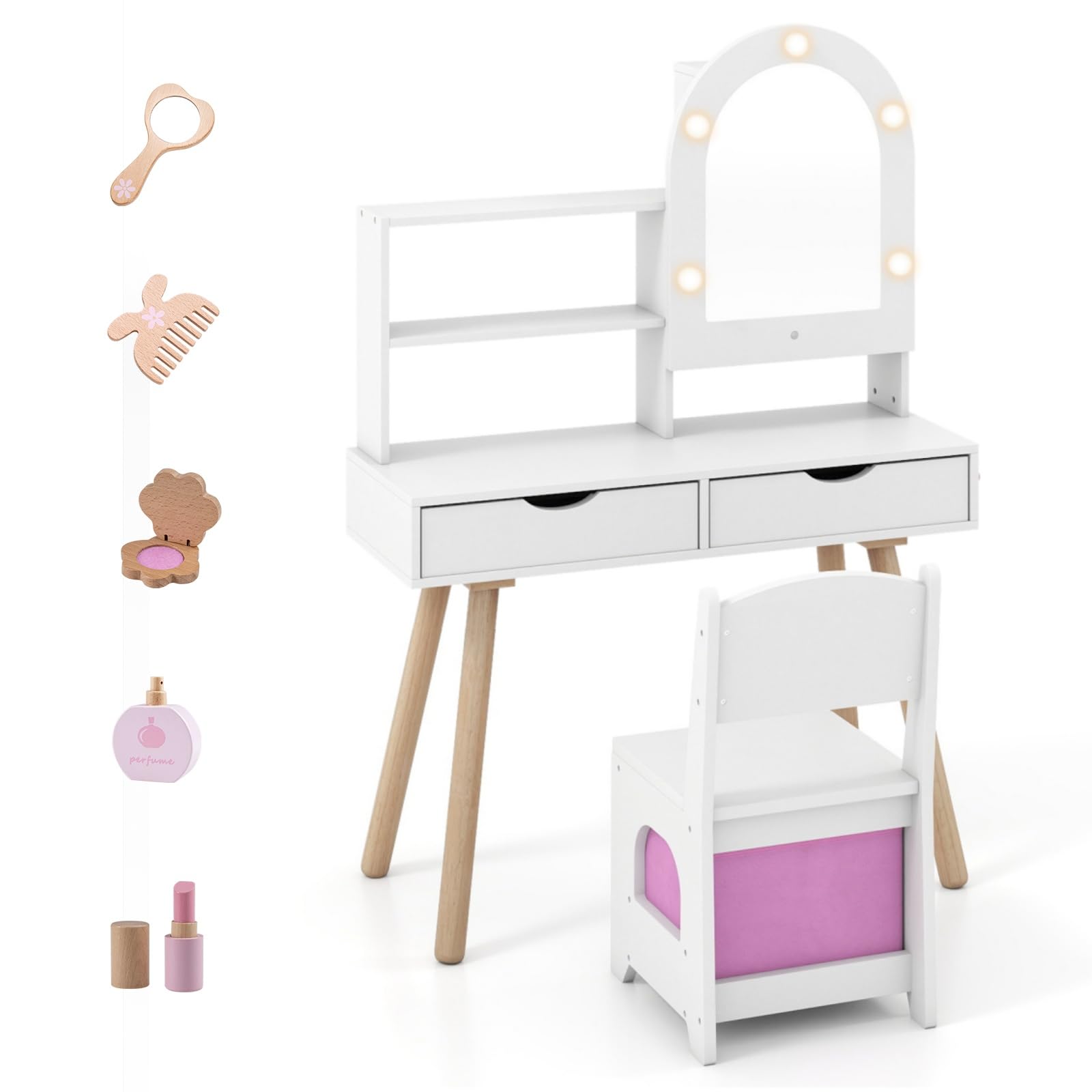 LIFEZEAL Specchiera Trucco per Bambina 3+Anni, con Luci, Sgabello, Sedia, Specchio, Tavolo Toeletta, Postazione Makeup, con 3 Cassetti, Armadietto, Mensole, Accessori, in Legno, Cameretta (bianco)