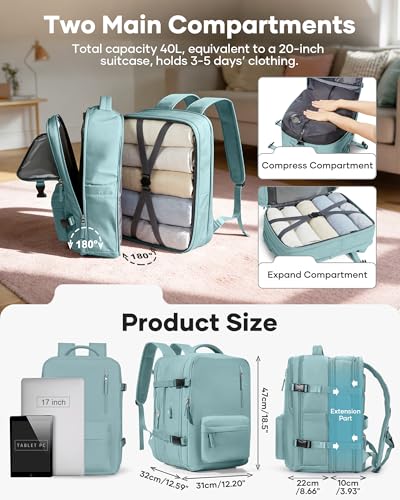 Image of Vacuum Backpack Travel with Pump Carry on Luggage Flight Approved Essentials Personal Item Travel Bag with Vacuum System Waterproof Compression Backpack for Women Men Mochila de Viaje Light Blue