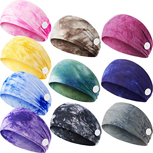 10 Pieces Button Headbands Tie Dye Headband Ear Protection Holder Headband Wide Multifunctional Hair Band Elastic Soft Headwrap with Button for Women Men