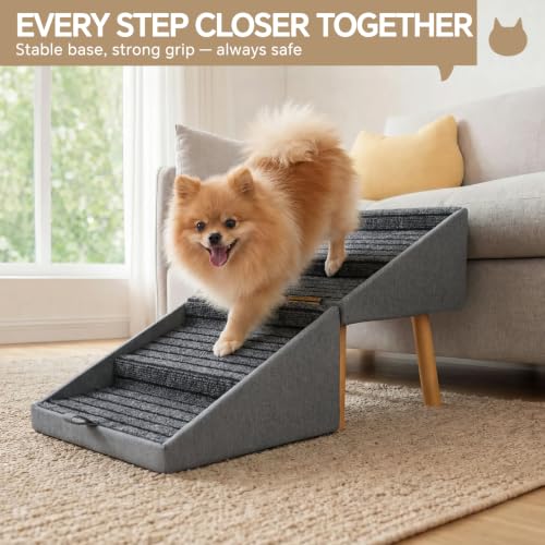 Image of Luciphia 2-in-1 Wooden Pet Stairs & Ottoman 17 inch H Foldable Dog Ramp with Solid Wood Frame & Tech Cloth Surface Pet Footstool Steps with Non-Slip Surface for Puppy Senior Injured Dogs Couch Bed