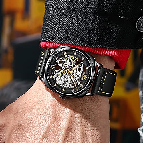 Image of OUPINKE Mens Watches Automatic Skeleton Mechanical Watches for Men Self Winding Luxury Fashion Leather Strap Steampunk Style Luminous Waterproof Men Wrist Watches