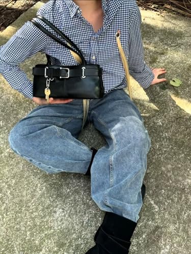 Key Chain Shoulder Bag Y2k Belted Handbag Faux Leather Grunge Purse for Women Top Handle Bag 2000s Streetwear2