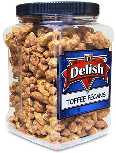 Gourmet Toffee Coated Pecans by Its Delish - 2.2 LBS Jumbo Reusable Container Jar - Sweet Crunchy Caramelized Pecan Nuts Snack