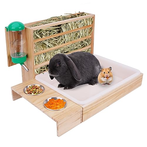 MOGOULUA 4 en 1 Mangeoire à Foin pour Lapin avec Bac à Litière Bouteille d'eau Gamelles pour Hamster Support à Foin pour Petits Animaux de Compagnie...
