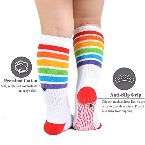 Image of Epeius Baby Girl Rainbow Striped Knee High Socks Non-Skid Uniform Tube Stockings for Infant,Toddler and Child