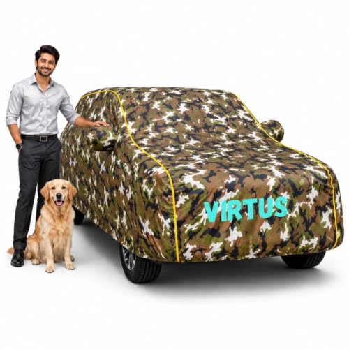 Image of Waterproof Car Cover for Virtus | Soft Cotton Lining Heavy Duty Triple Stitched Heat Resistant Outdoor Cover Comes with Mirror and Antenna Pocket Full Bottom Elastic (Zig Zag Jungle)