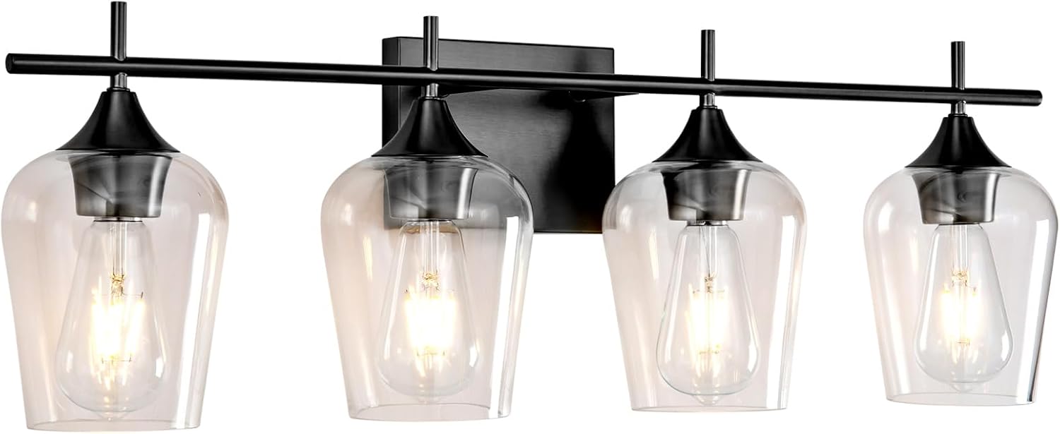 28.7 Inch Black Bathroom Light Fixture, 4-Light Modern Vanity Light Over Mirror, Bathroom Wall Sconces for Mirror Living Room Bedroom Hallway, Clear Glass Shade, E26 Socket Black-4 Light